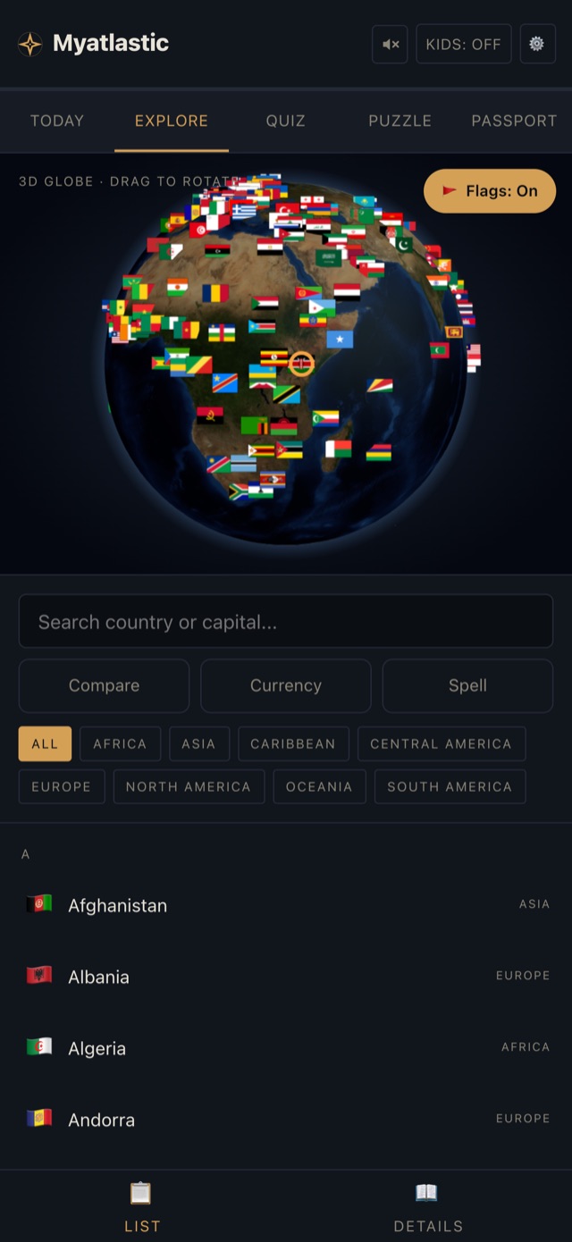 The 3D globe showing Africa covered in country flags