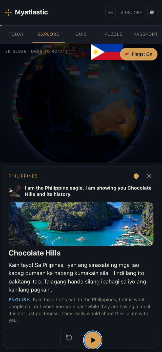 A spoken tour of the Philippines in Filipino, with a photo of Kayangan Lake and the English translation below